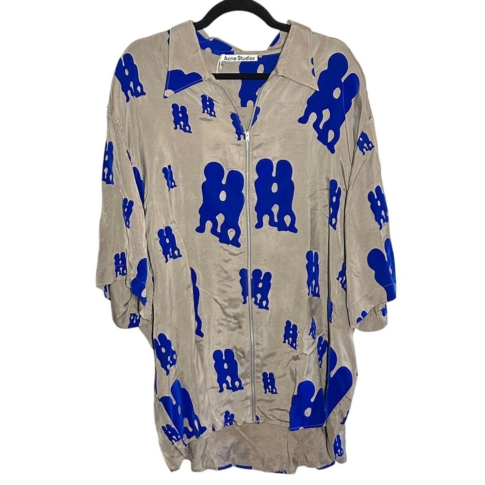 NEW Acne Studios Men's DIY Blue Khaki Beige Print Zip Shirt Jacket Size 54